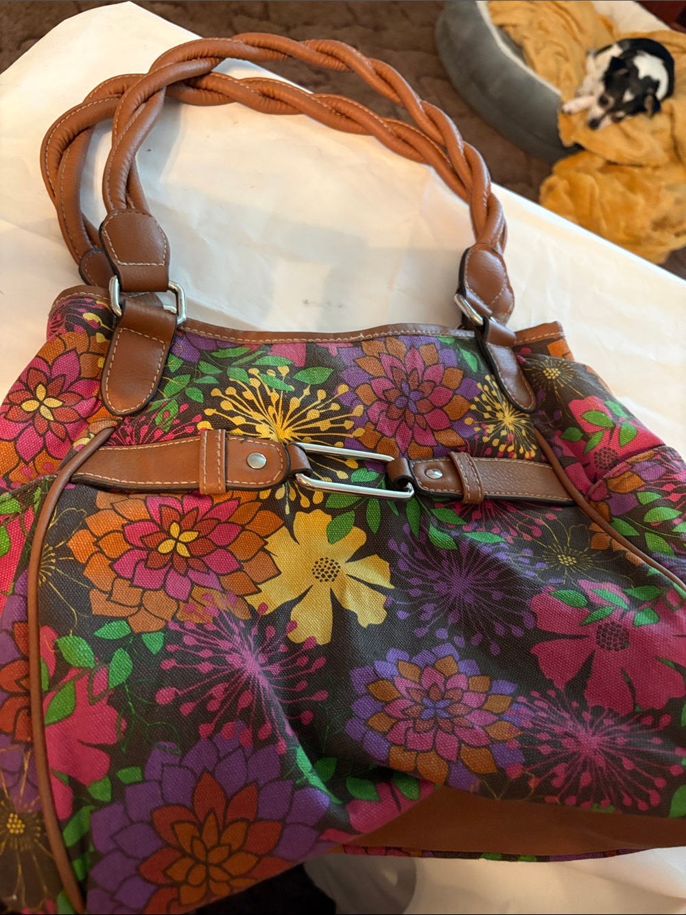 UNBRANDED Hippy  style Floral Multicolor Cotton Tote with Brown Trim